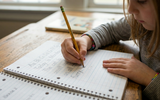 Child writing in a notebook with a pencil on a wooden table.